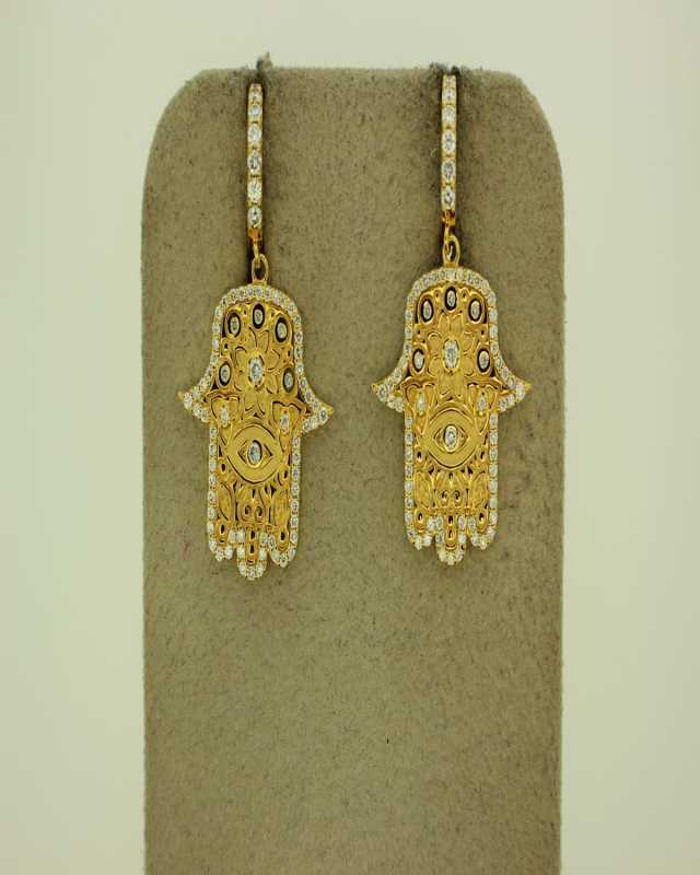 20K Hamsa Huggie Earrings with Diamonds
